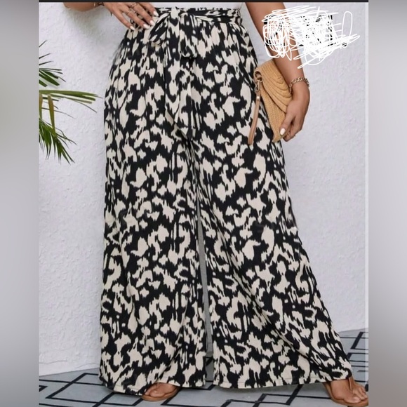Zara Pants - Zara Black & Cream Wide-Leg Printed Pants